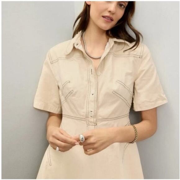 ROSETTA GETTY Beige Twill Cotton Short Sleeve Button Front Dress Size 4 - Picture 3 of 10